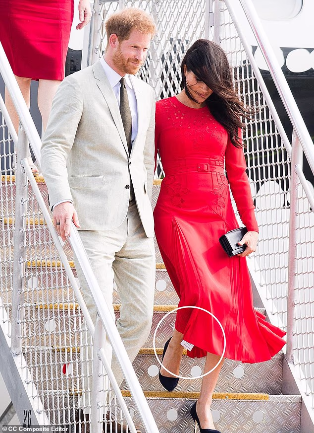 In October 2018, the newlywed Duke and Duchess of Sussex touched down in the island of Tonga , south of Fiji , with Meghan debuting a striking £380 Self Portrait dress. But her otherwise impeccable outfit  was slightly dampened by a fashion faux pas