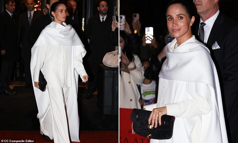 On Saturday night, Meghan Markle made her debut at Paris Fashion Week to attend the glamorous Balenciaga show alongside guests like Vogue editor Anna Wintour and actress Anne Hathaway - but according to publicity experts, her execution was 'tone deaf.' Meghan was seen at the Spring 2026 ready-to-wear draped in a stylish white oversized cape over a white button-down shirt and matching trousers, all designed by Balenciaga, of course.