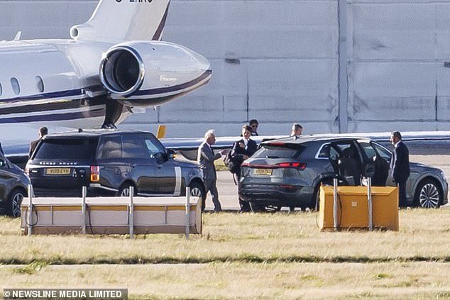 King Charles is seen arriving back at Aberdeen Airport from RAF Northolt after flying down on Wednesday to meet Prince Harry