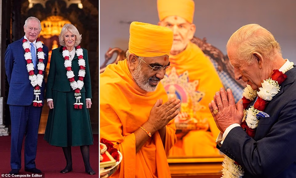 The King and Queen wished worshippers a 'very happy belated Diwali' on a visit to Neasden Temple to celebrate its 30th anniversary on Wednesday. Charles, 76, and Camilla, 78, had a tour and watched spiritual ceremonies at the Hindu temple in north London - BAPS Shri Swaminarayan Mandir. They were both given flower garlands for the tour, before watching children perform Shanti Path, a Vedic prayer for world peace. Both Charles and Camilla have visited the temple before, most recently as Prince of Wales and Duchess of Cornwall in 2009.