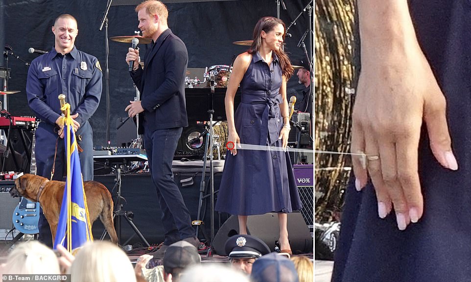 The Duchess of Sussex donned more than £237,000 worth of jewellery as she attended a charity event with her husband this weekend - and among them was a hefty rock never seemingly worn by her before. Fans are convinced Meghan Markle was sporting a very glamorous birthday present from Prince Harry, opting to show it off on her right hand, during a surprise joint appearance at Kevin Costner 's starry gathering in Santa Barbara on Saturday. The pear-shaped accessory - sitting proudly on her ring finger - was complemented by some of her favourite bracelets for the One805LIVE! concert which took place at the Yellowstone actor's oceanside estate.