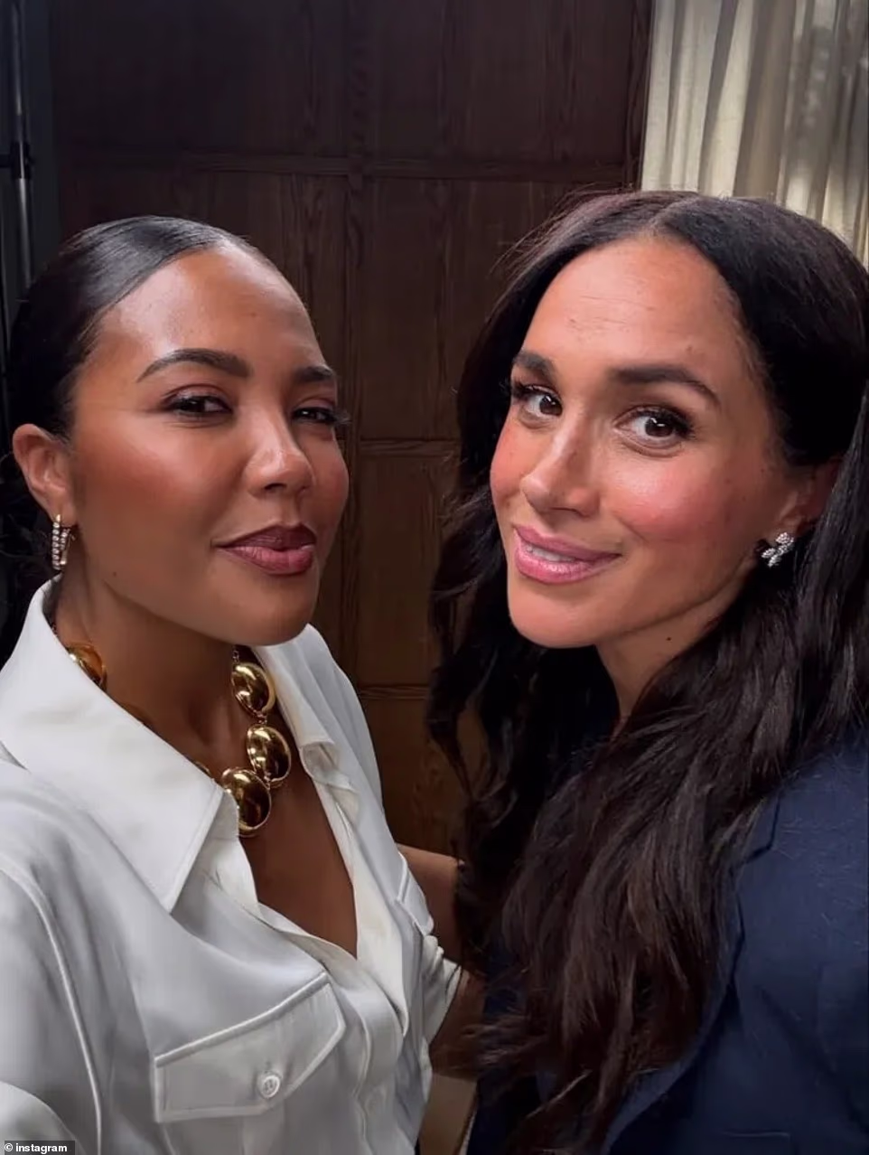 It comes amid rumours that the Duchess could be set to launch a Kardashian-style 'mega brand' after she was spotted cosying up to the British Dragon's Den star who masterminded Kim's hugely popular Skims range. Multi-millionaire Emma Grede (pictured together) shared a flurry of posts featuring Meghan as the 'star guest' at her Los Angeles dinner on Instagram earlier this month. PR experts speculated the posts were an indication that Prince Harry's wife is leaning on the business woman's years of expertise ahead of launching a new venture.