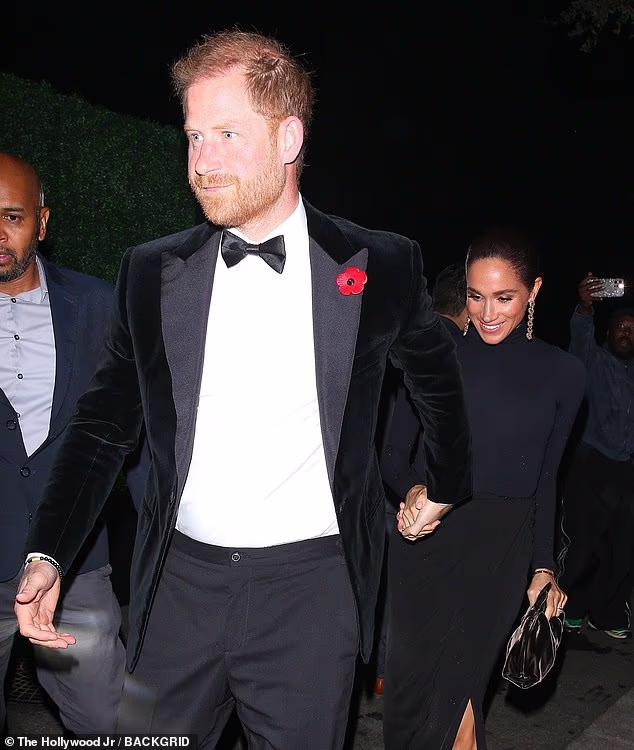 Prince Harry held Meghan's hand as he led her into the lavish James Bond-themed birthday party