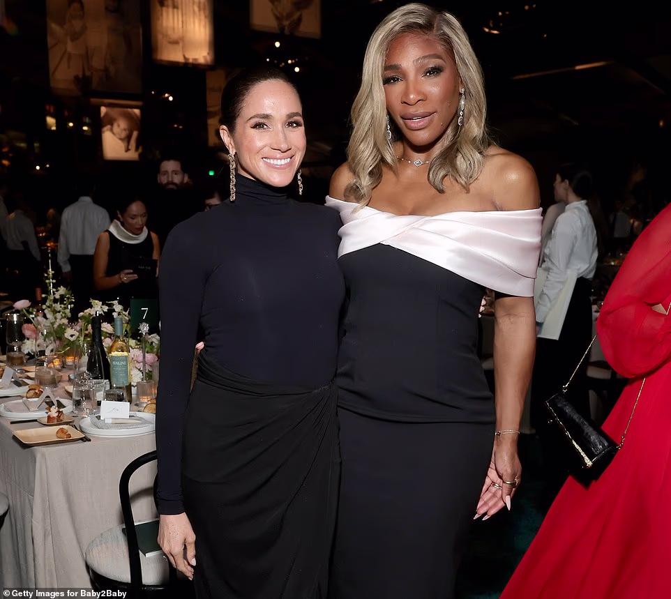 Meghan, dressed in a tight, long-sleeved black top and matching midi-skirt, posed with her arms around her close friend Williams, 44, while Harry, in a tuxedo with a poppy pinned to it, stood on the other side. The Duchess, who notably failed to wear a poppy, also took a photo opportunity with the Baby2Baby co-CEOs, Norah Weinstein and Kelly Sawyer Patricof, who were both named among Time's 100 Most Influential People of 2024. Baby2Baby provides children in need across America with diapers, clothing, and other basic necessities - and Saturday's lavish gala raises millions of dollars each year to make the non-profit's work feasible, its website claims.