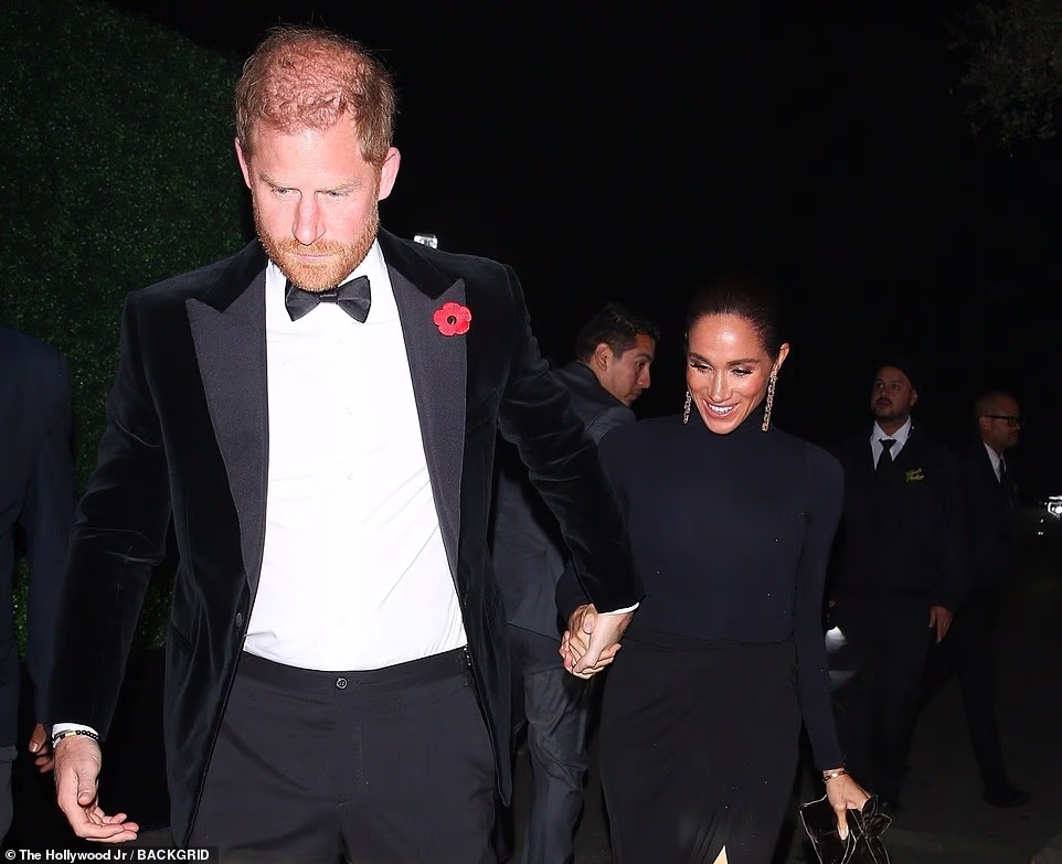 The Sussexes evening, however, didn't stop there, and after finishing up at the charity gala, Meghan and Harry took off for another glamorous affair just minutes away - the Kardashian-Jenner matriarch's star-studded bash at Jeff Bezos's $165M mansion in Beverly Hills. Their fun-filled evening was worlds away from the solemn occurrences that took place in the UK on Remembrance Sunday - an event that, prior to relinquishing his royal role in 2020, Harry would have been expected to attend and lay a wreath at Whitehall. He nonetheless arrived for an evening of James Bond-themed celebrations, entering the venue walking slightly ahead of Meghan, who trailed just behind him, aglow with an ear-to-ear smile.