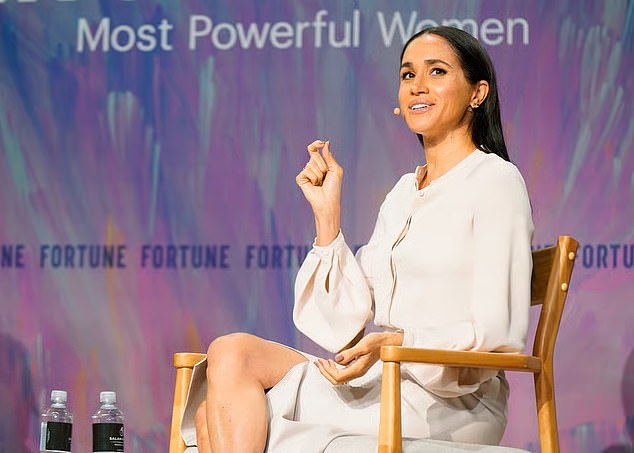 Meghan gave the approach a business-oriented spin in a vegan leather skirt and blouse, both by Brochu Walker, for the 2025 Fortune Most Powerful Women Summit in Washington D.C