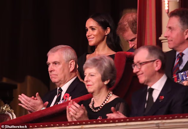 While images showed the late Queen, then Prince Charles and both Prince William and Kate sat close together, Harry and Meghan were out of view in the far corner and sat behind Prince Andrew, who has been embroiled in a number of scandals involving paedophile Jeffrey Epstein