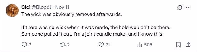 Some people, however, suggested the 'wick was removed afterwards'