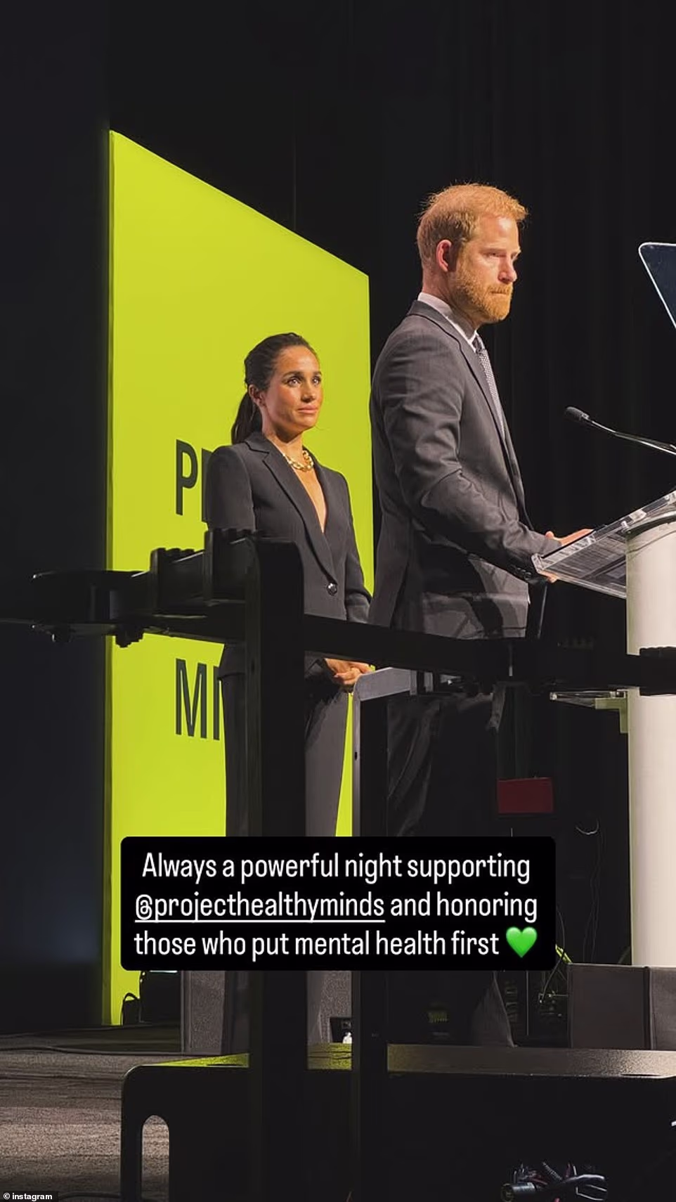 Last night Meghan and Harry were celebrated for their work in the online sphere, beginning in 2020 when they consulted with Stanford University experts tracking social media's impact on young people. Project Healthy Minds celebrated Harry's work as 'a humanitarian, mental health advocate, environmentalist, and military combat veteran' in honoring him on Thursday night. As well as listing Harry's work with mental health companies, it also mentions his controversial 2021 memoir Spare as being among his achievements. Elsewhere Meghan, is noted to be 'a mother, wife, entrepreneur, and philanthropist'.