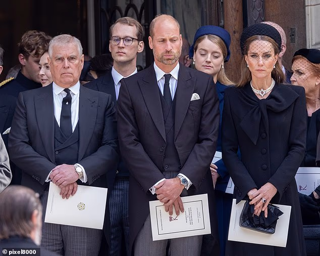 Andrew Mountbatten Windsor is pictured with the Prince and Princess of Wales at the Duchess of Kent's funeral in September - William was said to be 'furious' at his uncle's unexpected appearance