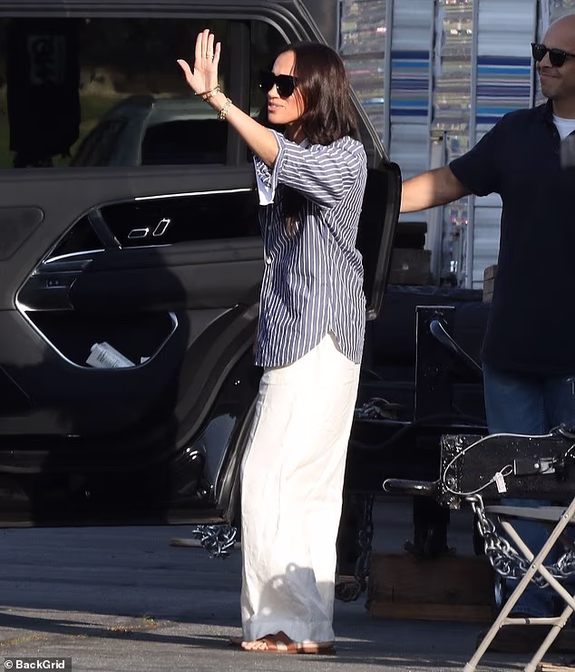 Meghan Markle joked that she's a bit 'rusty' as she made her return to acting last week. Pictured filming in Pasadena, California, last Wednesday