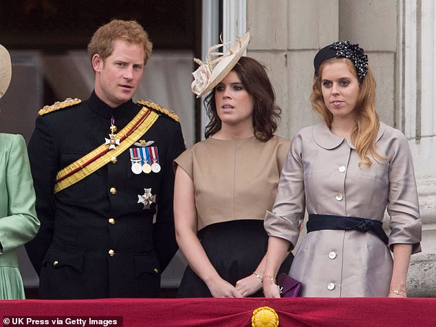 A royal expert has suggested Prince Harry (left) will likely have a 'lot of sympathy' for his cousins, Princess Eugenie (centre) and Princess Beatrice (right), in light of their disgraced father's ongoing scandal