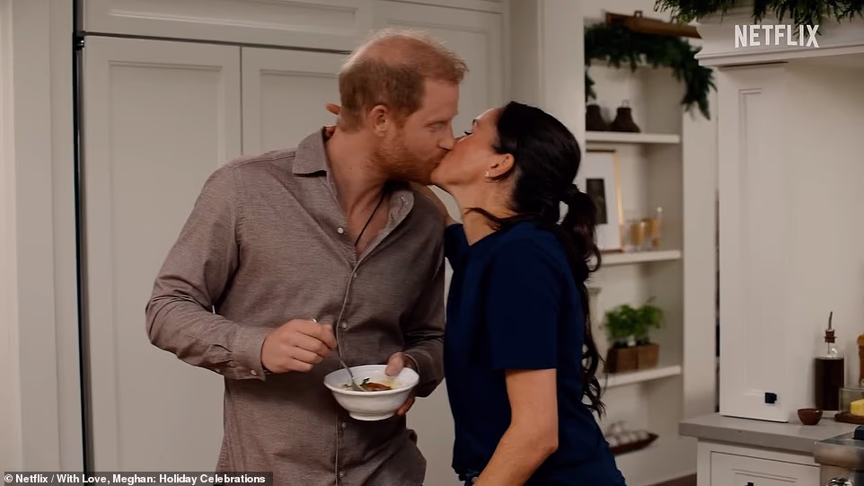 It comes shortly after Meghan released a glitzy trailer for her festive Netflix show, where she locked lips with Prince Harry and talked about 'embracing tradition'. It comes after she shared the short trailer celebrating the Christmas season with a special edition of With, Love Meghan last week. Describing the festive season as a time 'to connect with the people we love', the actress can be seen kissing her husband Harry. The Duchess posted the trailer to her Instagram just moments before Prince William and Princess Kate were due to step out at the star-studded Royal Variety Performance.