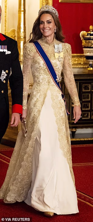 For the state banquet hosted for Donald and Melania Trump, she wore a couture Phillipa Lepley ensemble