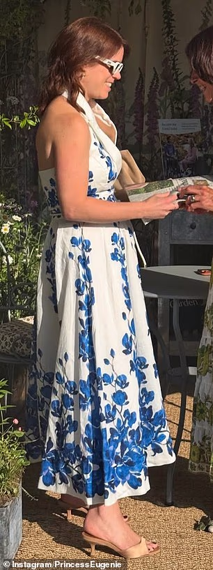 At the Chelsea Flower Show, Eugenie chose a Rebecca Vallance halterneck dress with blue and white blooms