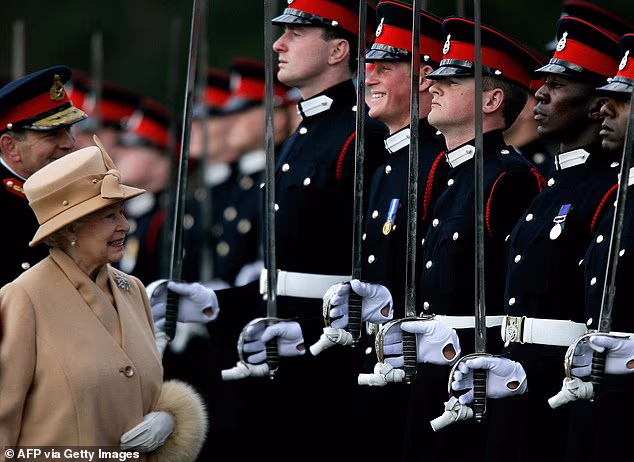 In April 2006, a young Harry graduated from his training at Sandhurst Military Academy and was commissioned as an officer in the Household Cavalry's Blues and Royals. (Pictured: Harry being inspected by the late Queen Elizabeth during the Sovereign parade)