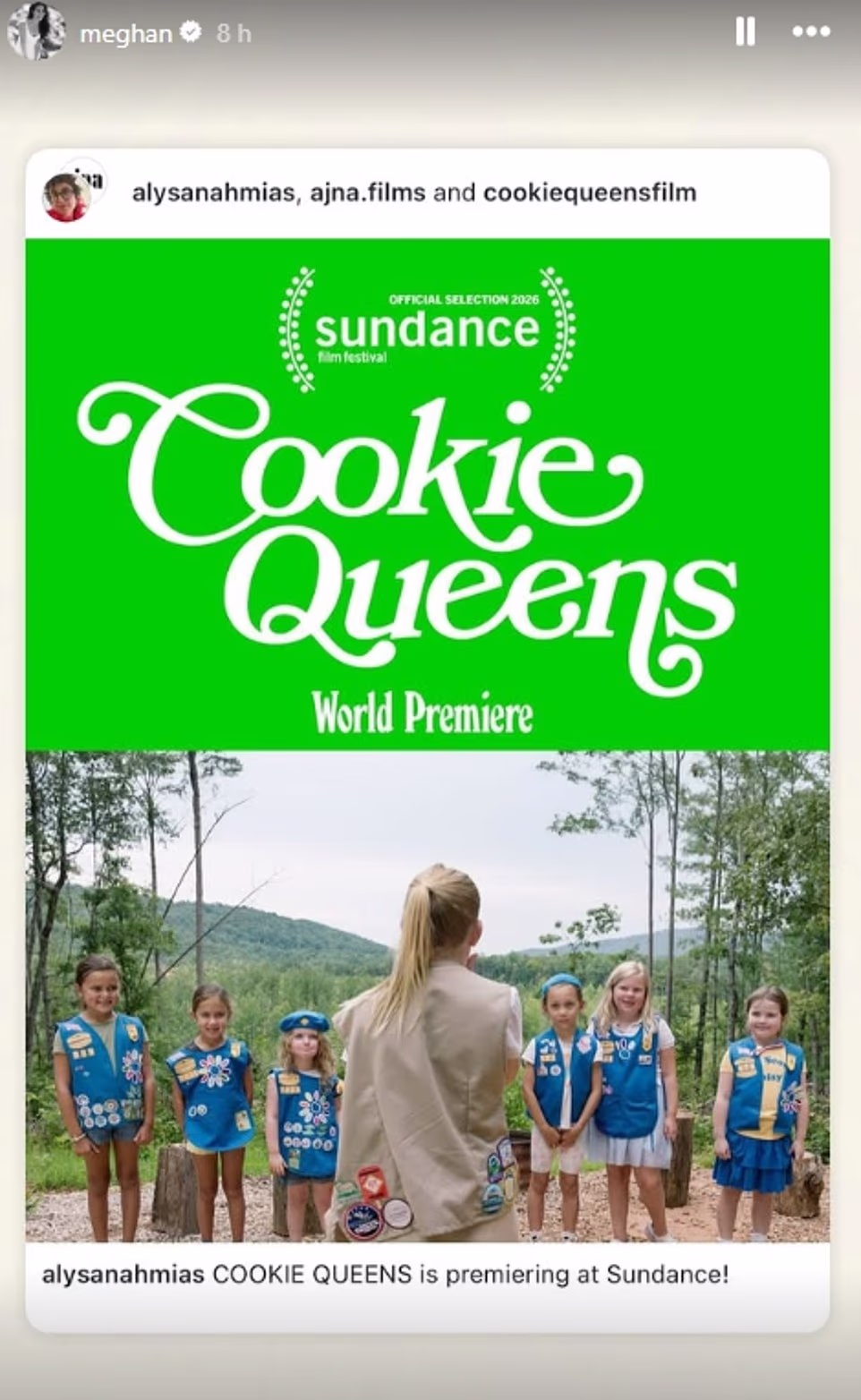 The Duchess shared it on her Instagram with the caption 'full circle' and it emerged just as it was announced that King Charles has recorded a 'personal message' about his cancer diagnosis and recovery, which will be played in a ground-breaking broadcast today. It came weeks after Meghan returned to acting herself, having quit the craft when she fell in love with Harry. The Duchess was photographed smiling and waving to crew as she arrived on on set to film a new comedy movie where she plays herself alongside Lily Collins, Brie Larson and Jack Quaid - son of Meg Ryan and Dennis Quaid. Last night Meghan said her and Harry's media production company, Archewell Productions, has partnered with Beautiful Stories and AJNA Films on the Cookie Queens project for the US festival's Family Matinee section early next year.