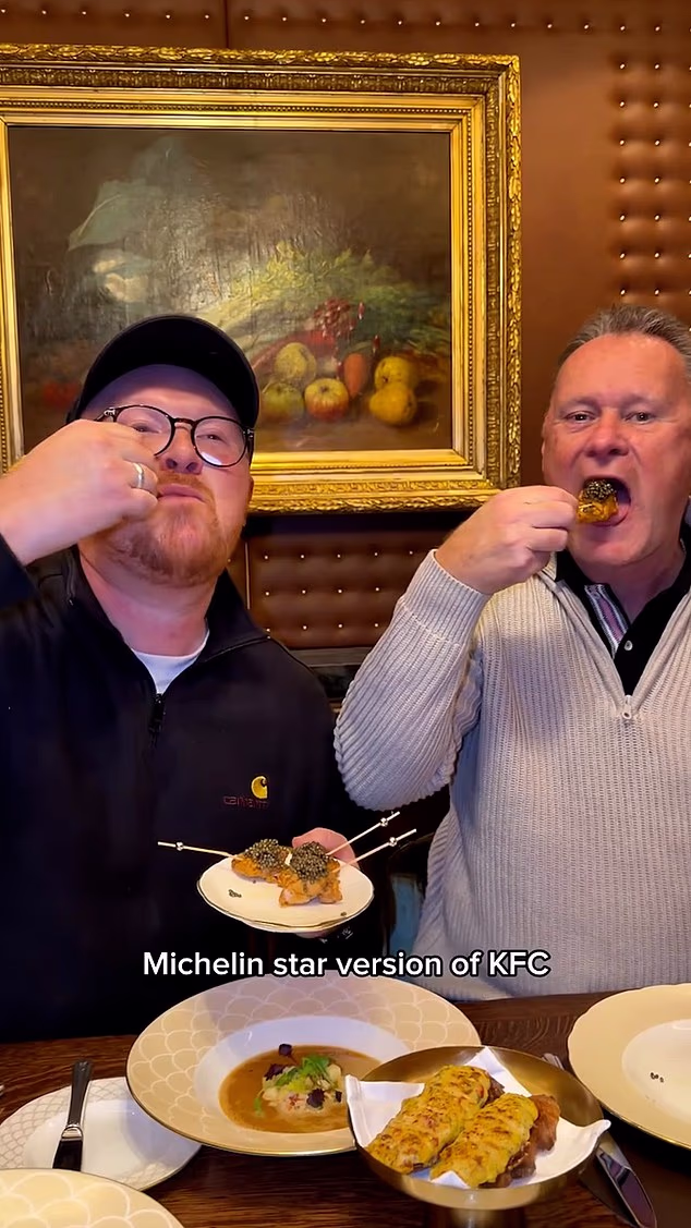 The influencer donned a cap and a 3/4 zip jumper to enjoy the slap up meal with his family (pictured with his father)