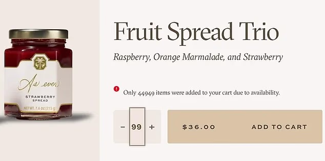 But some of its goods are seemingly available in huge numbers, such as a set of fruit spreads with 44,949 units listed as available (above)