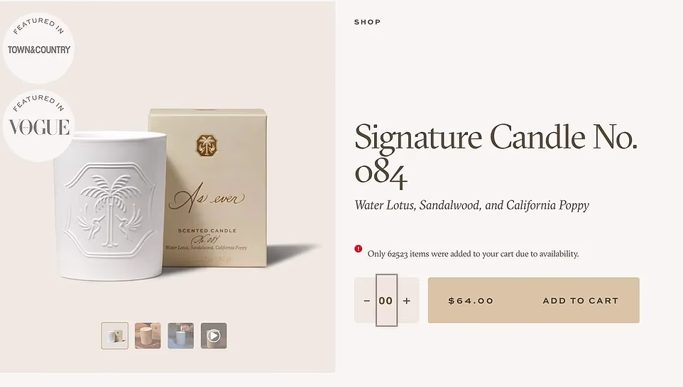 The bug was identified by Reddit user InfiniteSky55, who said they had tried to add 200,000 of each item to their shopping basket on As Ever. It prompted a flurry of activity as users rushed to the website to verify the seemingly huge number of items kept in stock. In total, there were more than 572,000 lifestyle items such as spreads and teas for sale, and over 77,000 bottles of wine for sale. The figures, if verified, may give an insight into Meghan's business and what her fans buy: there are far more boxed gift sets of fruit spread available than unboxed. Her Signature No 519 candle, named after the date she and Prince Harry were married, appears to sell better than the Signature No 084, which takes its name from her birthday of August 4.