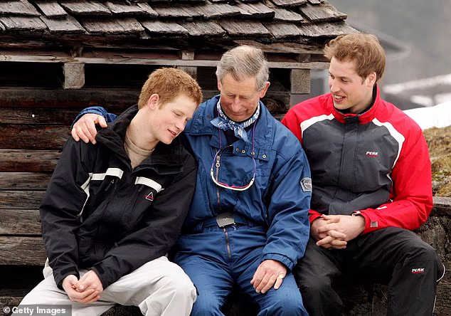 The Duke of Sussex pictured with then Prince Charles and Prince WIlliam in 2005. A royal source previously said Harry is determined to 'reset' his relationship with his family
