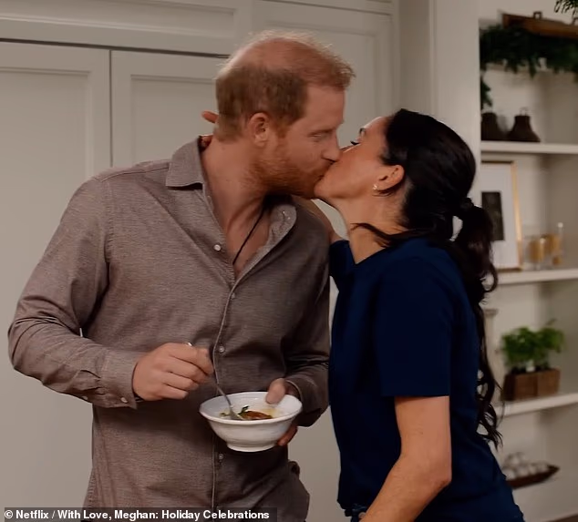 The Duchess of Sussex promotes her jam and locks lips with Prince Harry as she talks about 'embracing traditions' in a previous glitzy trailer for her festive Netflix show