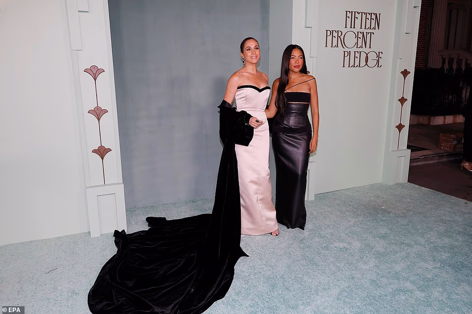 The Fifteen Percent Pledge is a foundation focused on building sustainable, thriving networks where Black-owned businesses can flourish. Founded by Canadian creative director Aurora James the charity works with businesses to support and advance equity. The charity's name is a nod to the 'Black people who make up 15% of the US population'. The gala hosted by CNNnews anchor Abby Phillip is part of the 15th Street Block Party Weekend at Paramount Studios. People took to X to praise Meghan's dress with fans describing it as 'perfection'. One user wrote: 'Perfection. Meghan has done it again.' Another said: 'Perfect timeless gown.' Others highlighted the importance of high-profile women supporting Black-owned businesses and designers. One user wrote: 'I'm so happy to see her there, this is a cause that brings Black women together. The organisation does such great work.'