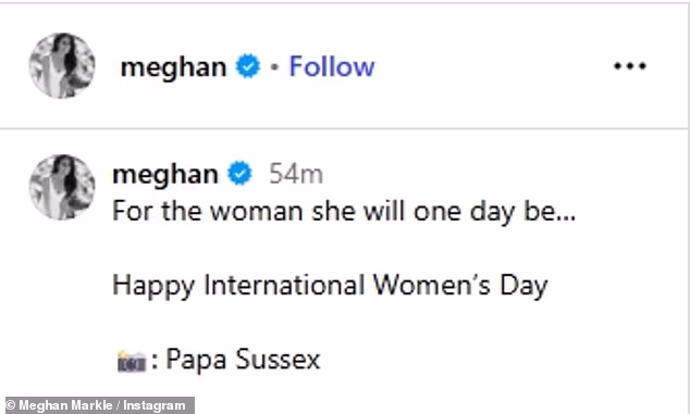 In her caption the Duchess of Sussex revealed that the photo was taken by Prince Harry, or as she calls him, 'Papa Sussex'
