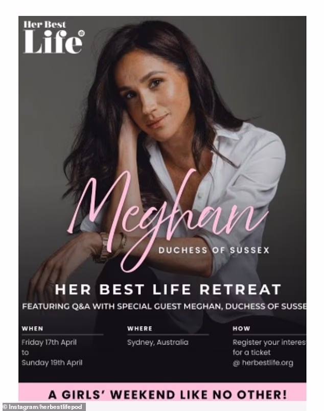 The Duchess of Sussex has been announced as the headline guest at the inaugural 'Her Best Life Retreat' to be held in Sydney's eastern suburbs in April