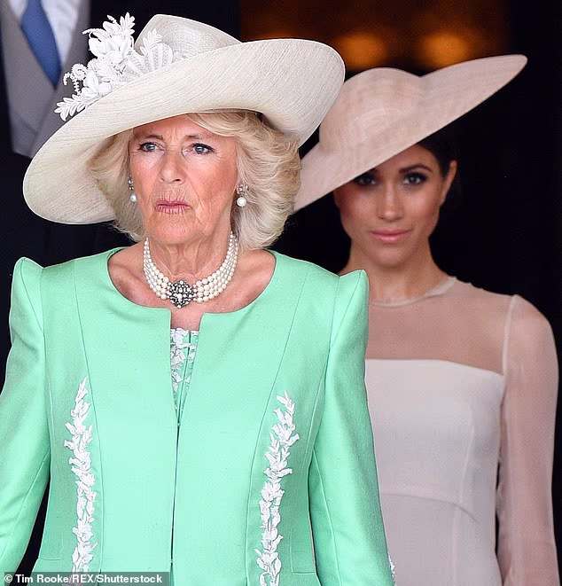 A stinging claim said to have been made by Queen Camilla that Meghan Markle had 'brainwashed' Prince Harry has been dismissed as a 'deranged conspiracy'. Pictured: Queen Camilla and Meghan Markle in May 2018