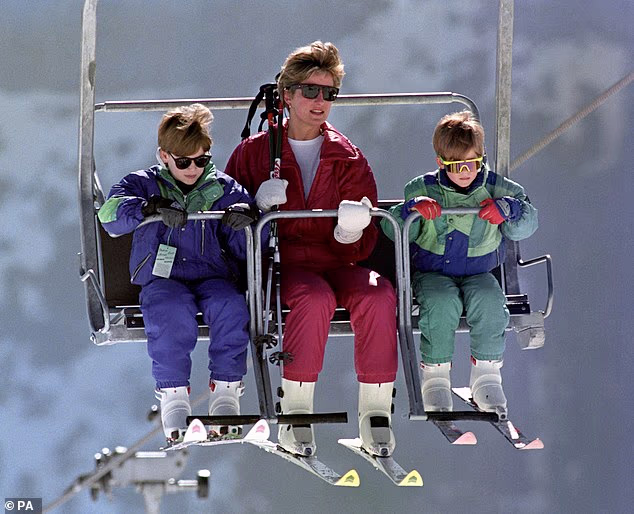 Pictured: Princess Diana, Prince William and Prince Harry during a family trip to Lech, Austria in 1994