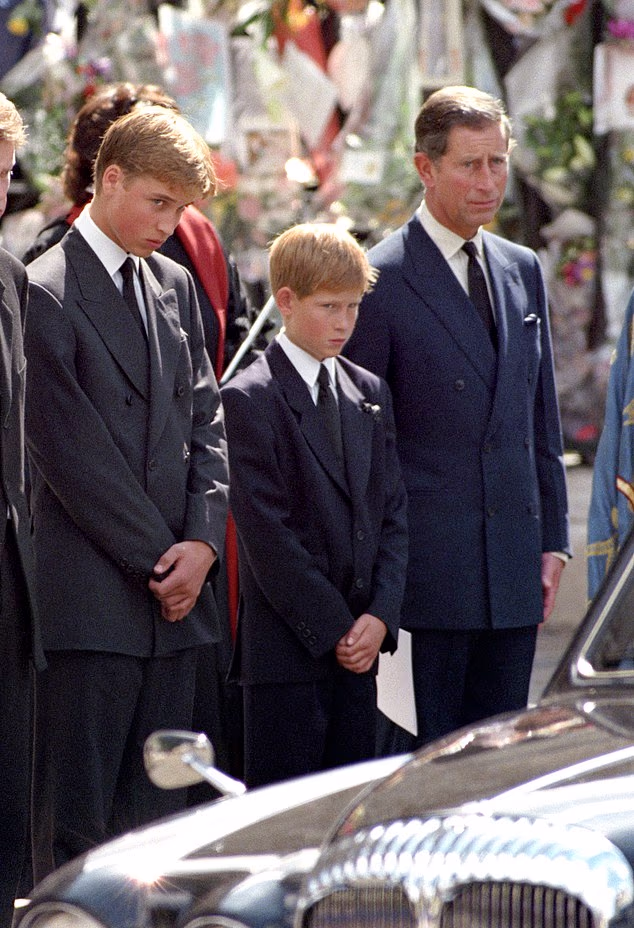 Princes William and Harry with their father at the funeral of Princess Diana in 1997