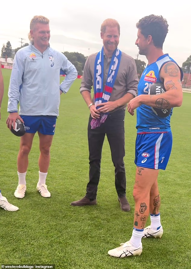 Western Bulldogs star Tom Liberatore (pictured, right) didn't miss the opportunity to inform the Duke of Sussex that the Mona Castle Hotel – which the midfielder happens to co-own – is 'just around the corner'