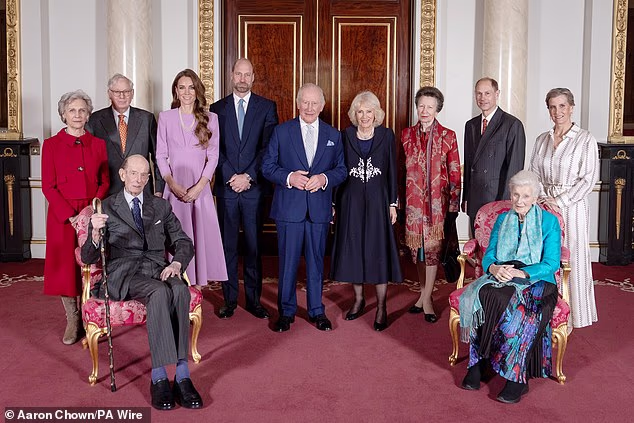(From left) The Duchess of Gloucester, the Duke of Gloucester, the Duke of Kent, the Princess of Wales, the Prince of Wales, King Charles III, Queen Camilla, the Princess Royal, the Duke of Edinburgh, Princess Alexandra and the Duchess of Edinburgh at Buckingham Palace yesterday