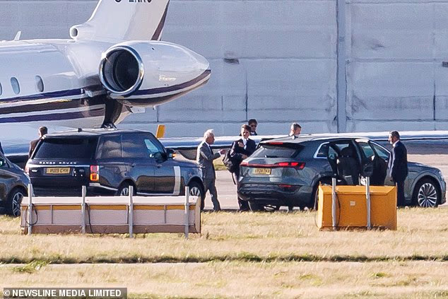 King Charles is seen arriving back at Aberdeen Airport from RAF Northolt after flying down on Wednesday to meet Prince Harry