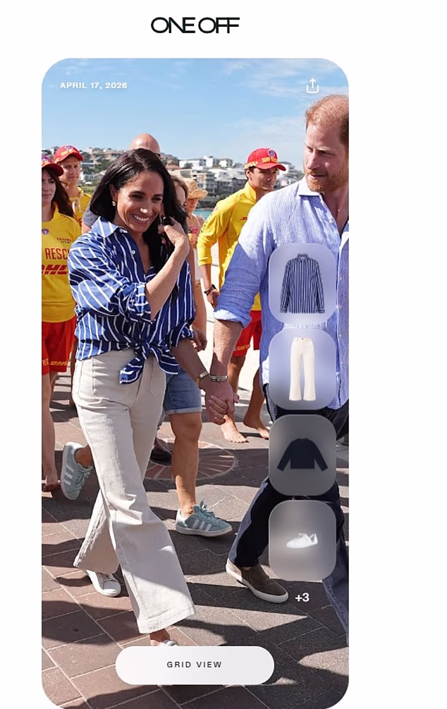 Meghan on Bondi Beach. Her outfit was immediately added to a website where she makes a percentage from sales. This ad has been quietly deleted and changed