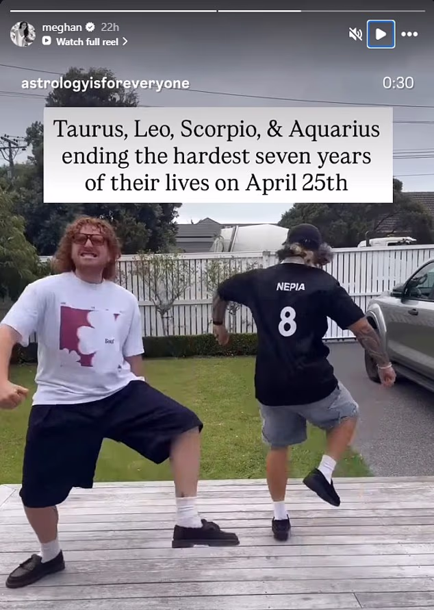 Meghan reposted a video showing two men dancing joyfully, with a caption about seven hard years coming to an end