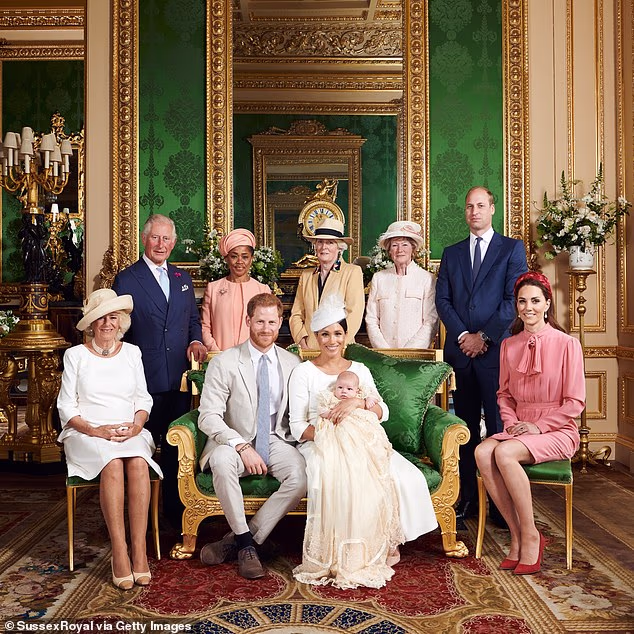 According to royal biographer Omid Scobie, it was actually Archie that gave the Duke and Duchess of Sussex the courage to leave the Royal Family in the first place. Pictured: members of the Royal Family at Archie Mountbatten-Windsor's christening