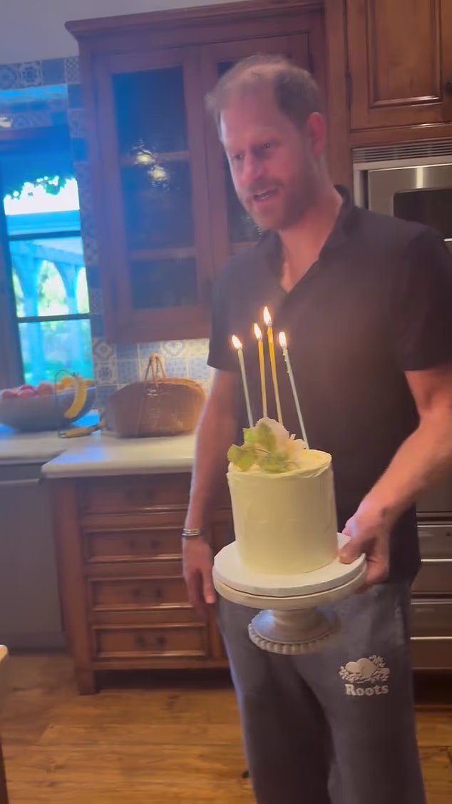 In a story on Instagram, Meghan showed her husband singing 'Happy anniversary' and delivering her a lemon elderflower cake with four candles