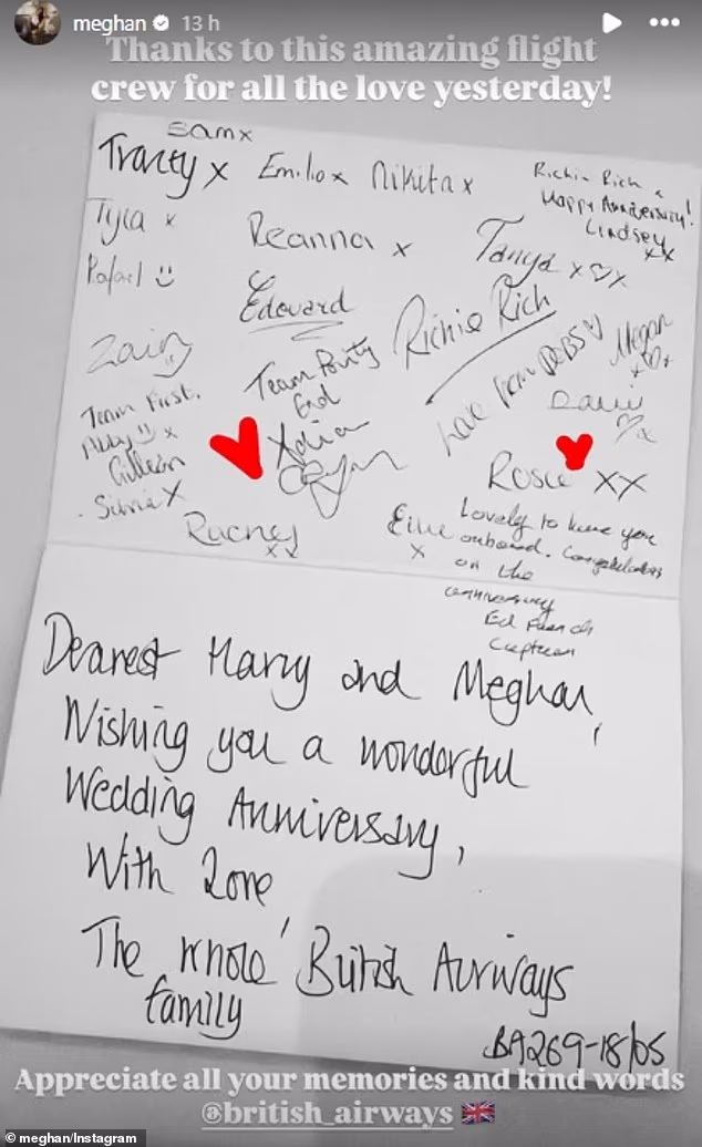 Her visit came just two days before her eighth wedding anniversary with Prince Harry and to mark the occasion, the flight crew on her journey back to the States on Monday presented her with a sweet card (pictured) and gifts