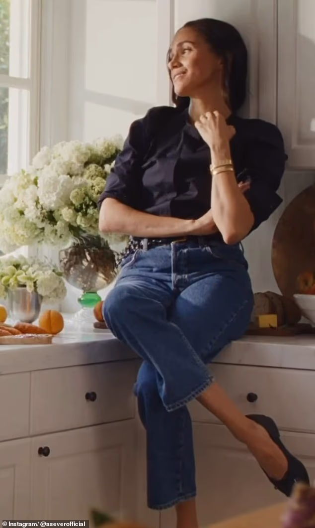 While perched on a kitchen countertop, Meghan sported a pair of classic Chanel Ballet Flats, priced at £820