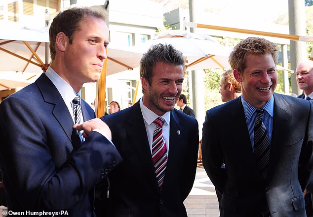 The Beckhams were once said to be close to Prince Harry and Meghan. David is pictured with Prince William and Prince Harry in 2010