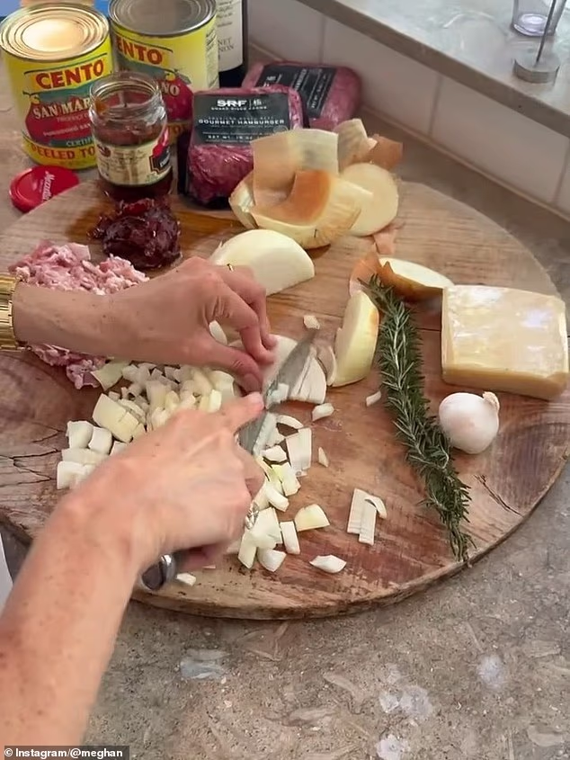 She gave her fans a look into her kitchen in a short video shot over her shoulder that showed her preparing what might have been the supplies for a pasta sauce