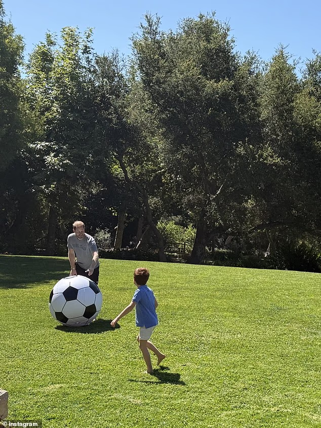 The 44-year-old Duchess of Sussex posted to Instagram a series of verdant images of the grounds of what appeared to be their home in Montecito, California. One fun snap showed Prince Harry as he played on the lawn with Prince Archie, seven, and a giant soccer ball