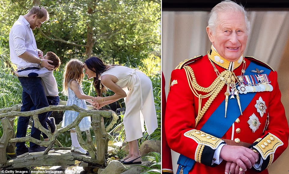 Prince Harry is reconsidering plans to bring his wife and children to meet King Charles for the first time in four years. He reportedly had second thoughts after learning that his request for police protection had been turned down. Bizarrely, it comes just 24 hours after the Duke and Duchess of Sussex confirmed details of their visit to Britain next month for five days of engagements relating to the Invictus Games. They planned to bring Prince Archie and Princess Lilibet along with them. Insiders said on Saturday night that the King is likely to be deeply dismayed if the meeting does not now go ahead. And the Duke himself had been described as 'desperate' for Archie, seven, and Lilibet, five, to see their grandfather. They were also said to be planning a poignant visit to the Althorp Estate in Northamptonshire, where Harry's mother Princess Diana is buried. One source told The Mail on Sunday: 'On Friday night the Sussex office issued an op [operational] note saying that the full family would be coming to the UK and they had accepted royal accommodation. Next day they pull out. 'It's a total joke and a farce.'