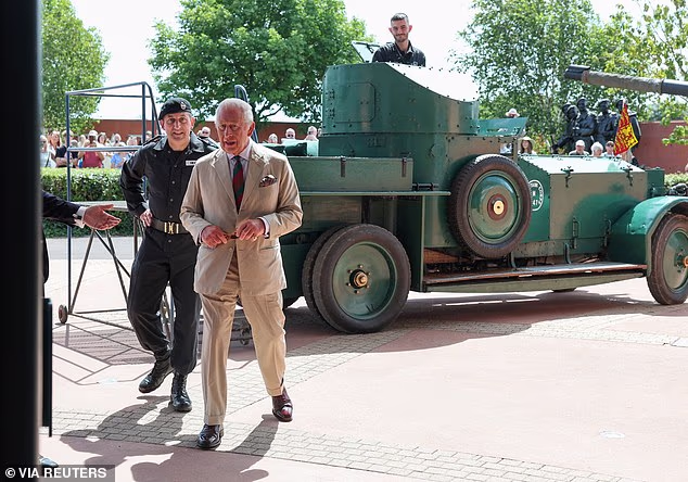 The King arrived at the museum in Dorset on the back of a 1920 Pattern Rolls-Royce Armoured Car