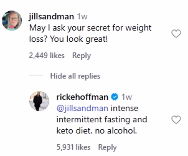 Hoffman revealed to a fan that he achieved his weight loss goals by cutting out alcohol and doing intermittent fasting and the keto diet