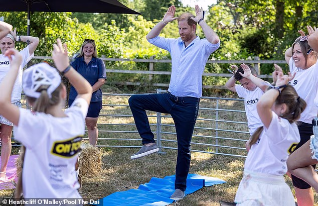 Harry was said to feel ‘buoyed’ and ‘energised’ and was in high spirits after fooling around with goat yoga at Maxstoke Castle, Warwickshire, for the Scotty’s Little Soldiers charity