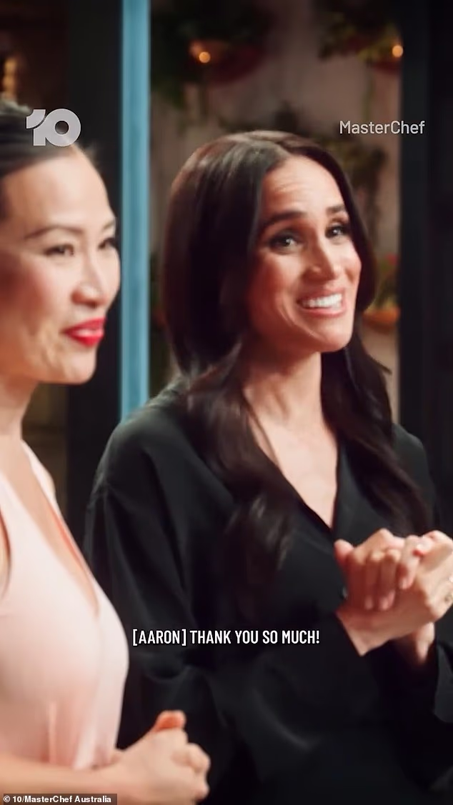 The teaser begins with judges Poh Ling Yeow, Sofia Levin and Jean-Christophe Novelli introducing a mystery guest before Meghan steps into the kitchen dressed in a chic black ensemble