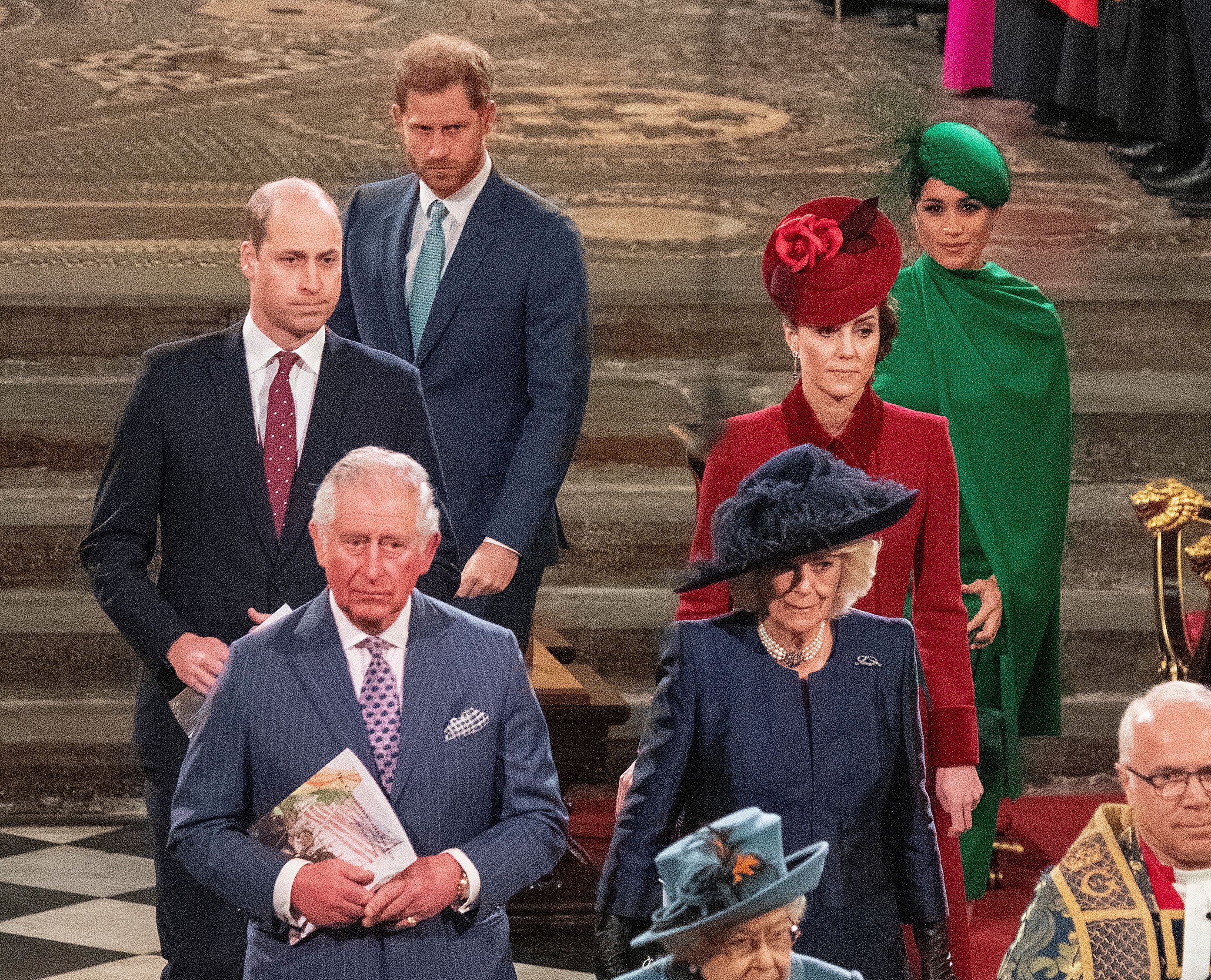 Britain's Prince Charles, Britain's Prince Harry, Duke of Sussex (3rd L), Britain's Camilla, Duchess of Cornwall, Britain's Catherine, Duchess of Cambridge and Britain's Meghan, Duchess of Sussex